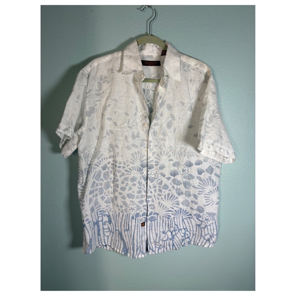 Tori Richard Mens Medium 100% Linen Shirt Blue White Ombre Tropical Resort Camp